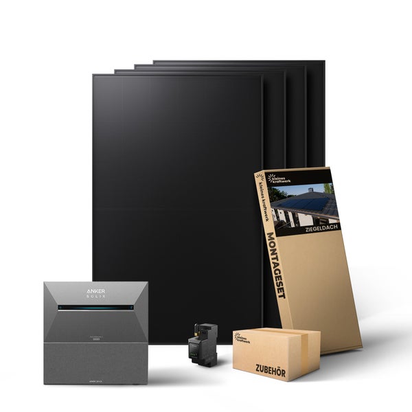 Komplettset Balkonkraftwerk von kleines kraftwerk mit vier Solarmodulen, Anker Solix Solarbank 2 Pro, Smart Meter und Montageset für Ziegeldächer.