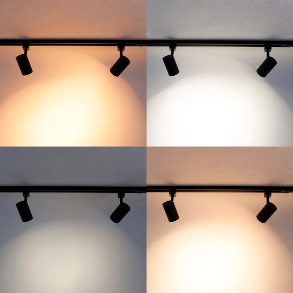 Schwarzes Schienensystem mit zwei Strahlern in vier verschiedenen Farbtemperaturen von warmweiß bis tageslichtweiß.