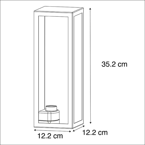 Maßskizze einer rechteckigen Außenleuchte mit einer Höhe von 35,2 Zentimetern und einer Breite sowie Tiefe von jeweils 12,2 Zentimetern.