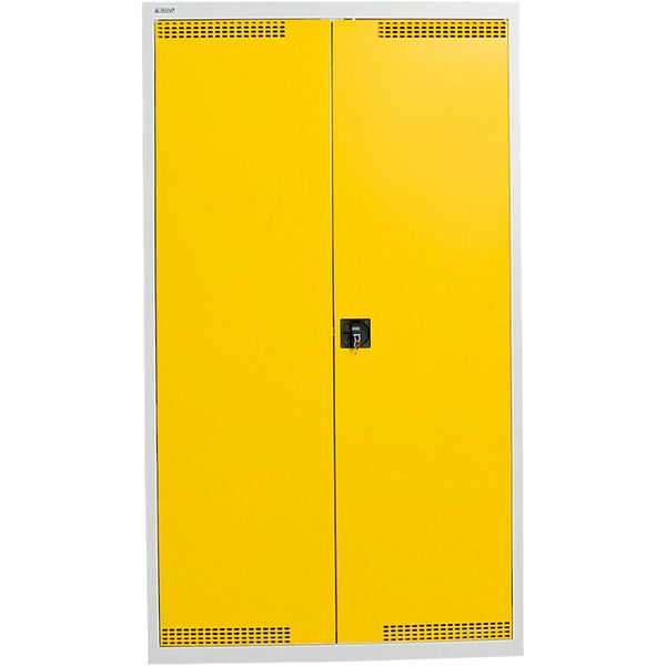Werkstattschrank aus Metall mit gelben Flügeltüren, Lüftungsschlitzen, Zylinderschloss und Stumpf Logo.