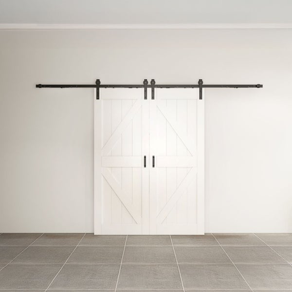 Holzschiebetür Komplettset Scheunentor weiß Doppelflügelig Beschlag in schwarz - 1550x2065mm