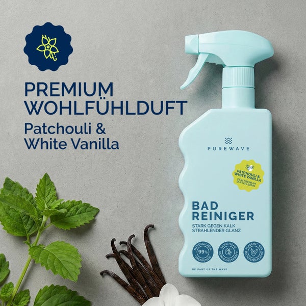 Purewave Badreiniger mit Patchouli und Vanille Duft im Sprühflasche neben Minze und Vanilleschoten.