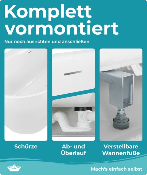 Calmwaters Vorwand-Badewanne 160x75 cm Komplettset Seamless Comfort, fugenloses Design, vormontiert mit Schürze & Ablaufgarnitur, Acryl, Made in EU, 02SL6221
