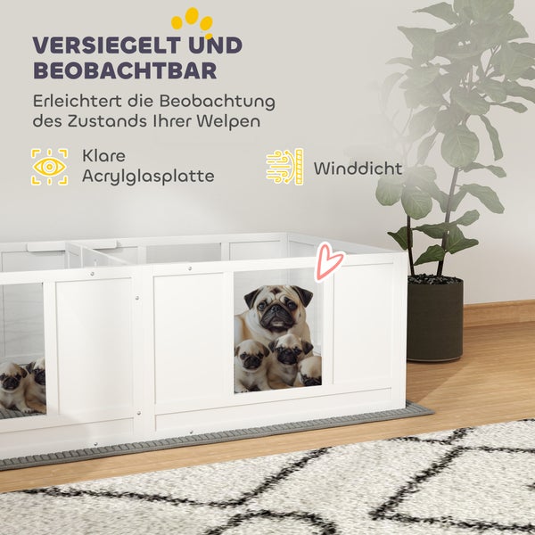 PawHut Wurfkiste für Welpen, Welpenauslauf mit 2-Raum-Design, Hundelaufstall mit Tür Welpen-Wurfbox, Welpenlaufstall für kleine Hunde, 164x80x48 cm, Weiß