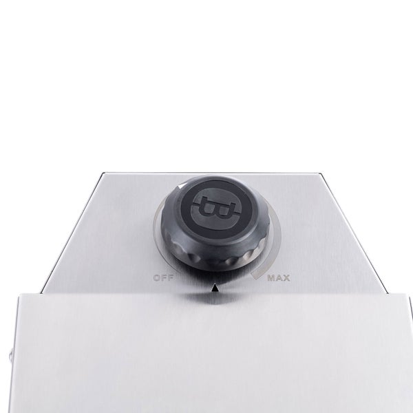 Schwarzer Kunststoff-Drehregler mit Bull BBQ Logo auf Edelstahl-Oberfläche mit Markierungen für Off und Maximum.