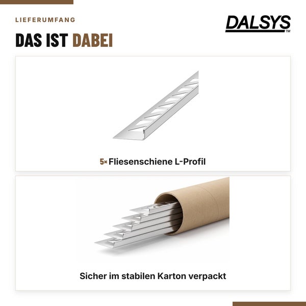Dalsys Logo und Lieferumfang von fünf Metall Fliesenschienen als L Profil in einer stabilen Papprolle verpackt.