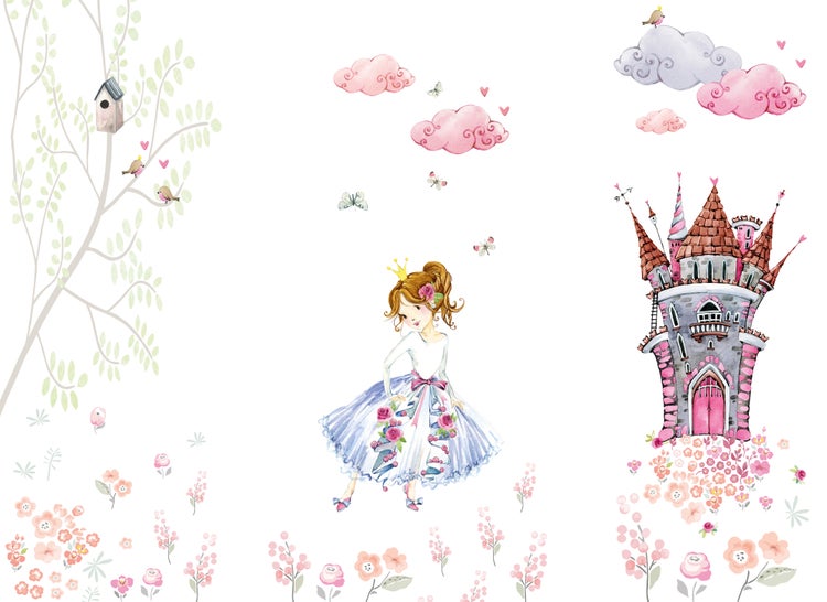 Wandtattoo für das Kinderzimmer im Aquarell-Design mit einer Prinzessin, einem Märchenschloss, Wolken, einem Baum und Blumen.