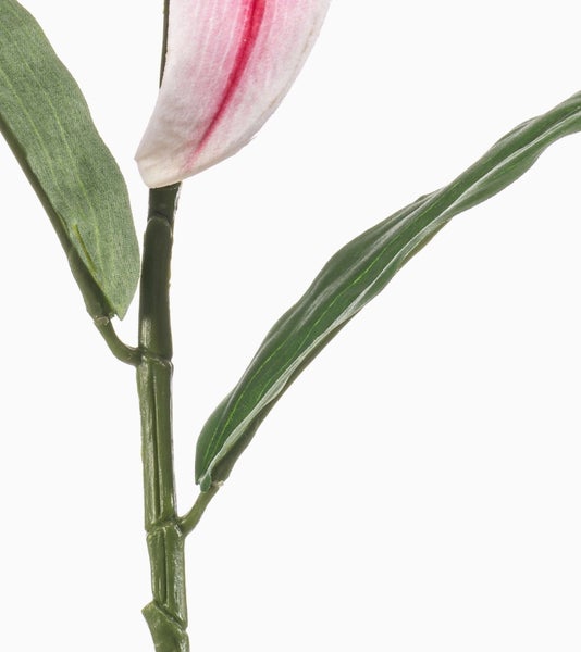Künstliche Lilie, Knospe und Teilblüte in Pink und Grün.