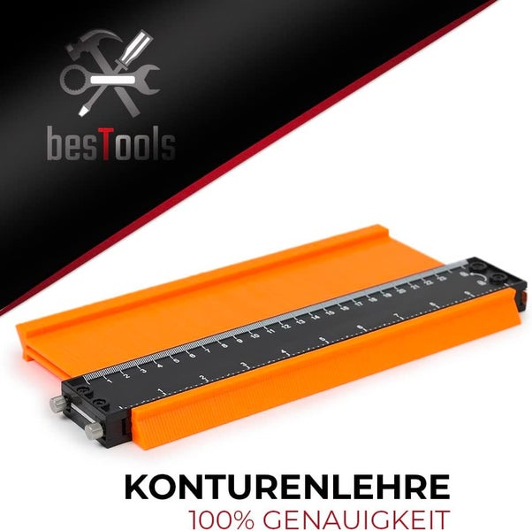 besTools Logo und eine Konturenlehre mit Messskala für präzises Abgreifen von Formen.