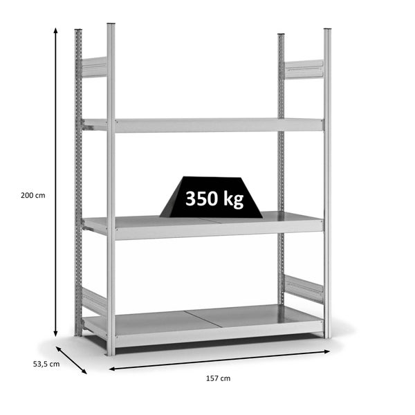 PROREGAL Weitspannregal Stecksystem T-Profil Grundregal HxBxT 200x150x50 cm 3 Ebenen Stahlplatten Fachboden Fachlast 350 kg Verzinkt