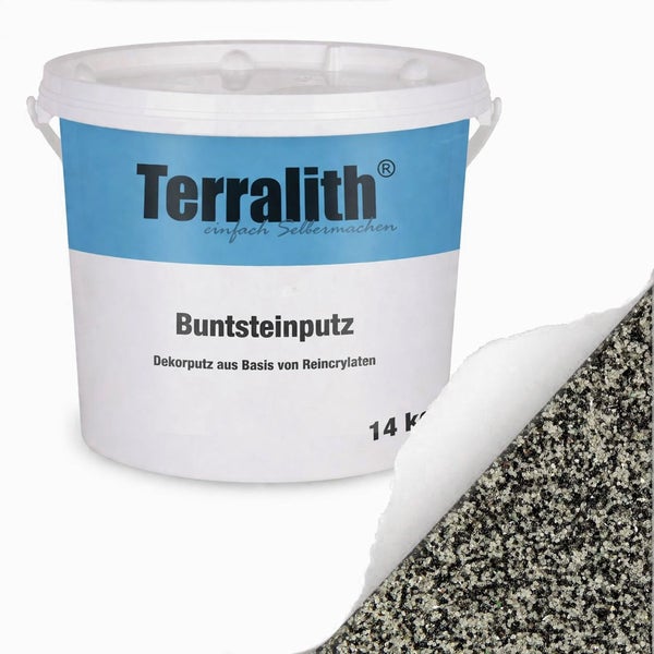 Terralith Buntsteinputz Dekorputz auf Basis von Reinacrylaten 14 Kilogramm mit Texturbeispiel.