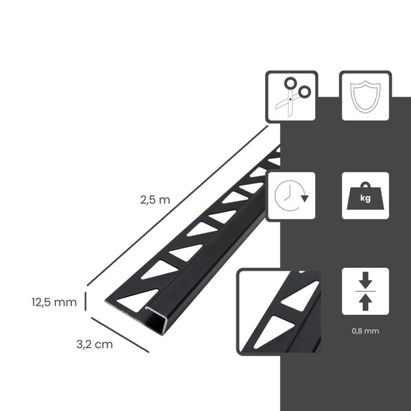 Schwarzes Fliesenprofil, 2,5 Meter lang, 12,5 Millimeter hoch, 3,2 Zentimeter breit, Materialstärke 0,8 Millimeter, zuschneidbar und langlebig.
