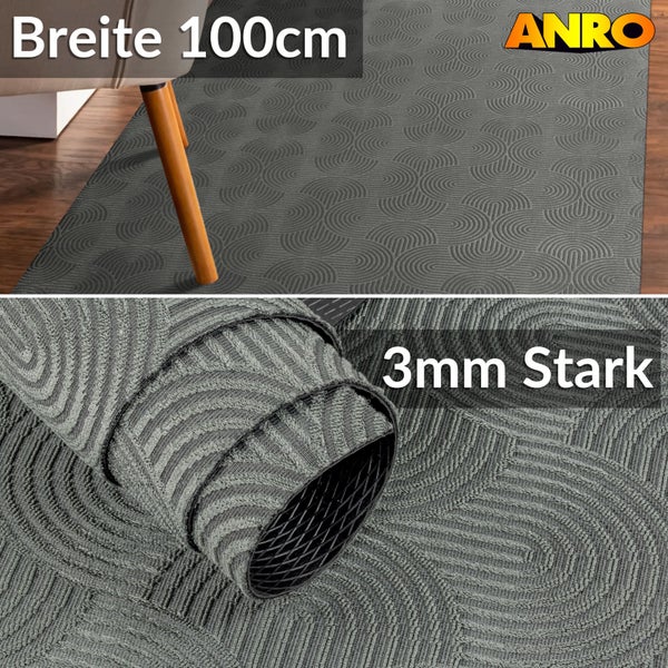 Anro Logo, graue Bodenschutzmatte mit Kreismuster und einer Breite von 100 Zentimeter sowie einer Stärke von 3 Millimeter
