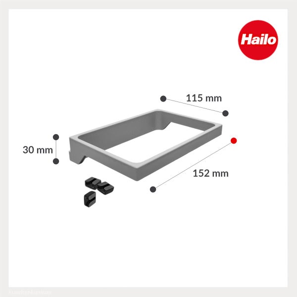 Hailo Kunststoffrahmen mit den Maßen 152 Millimeter mal 115 Millimeter mal 30 Millimeter, inklusive Kleinteilen und Hailo Logo.