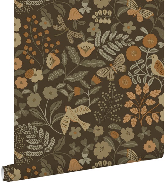 ESTAhome Tapete Blumen und Vögel Graugrün, Braun und Ockergelb - 50 x 900 cm - 131466