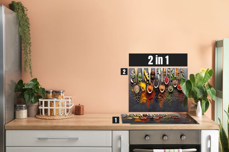 Herdblende-/Abdeckplatte Abdeckplatte Herd - Acrylglas Bunte Gewürze Pfefferkörner | Spritzschutz | Lokal produziert Camping | COV00065 | 60cm x 52cm  x 0.4cm