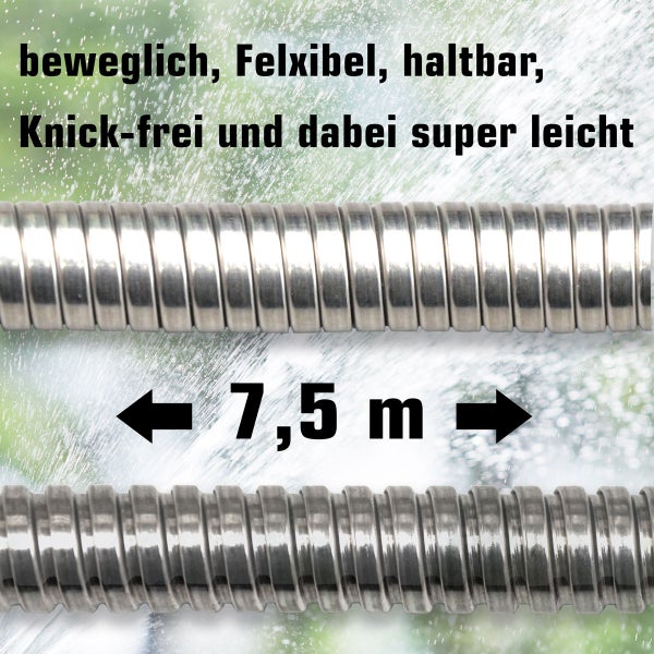 Flexibler Metall-Gartenschlauch mit 7,5 Meter Länge, knickfrei, beweglich und leichtgewichtig.