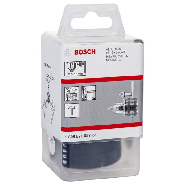 Bosch Logo. Bohrfutter mit einer Größe von 3 bis 16 Millimeter in Verpackung.