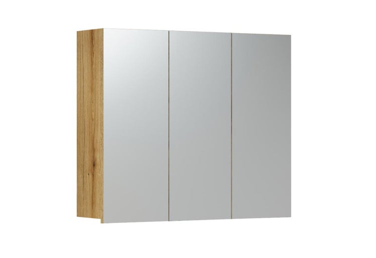 Spiegelschrank mit drei Spiegeltüren und Korpus in Holzoptik für das Badezimmer