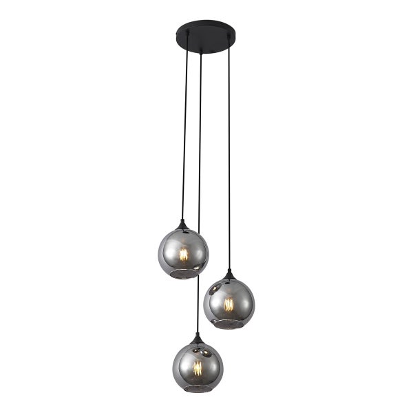 Hängeleuchte mit drei grauen Kugelschirmen