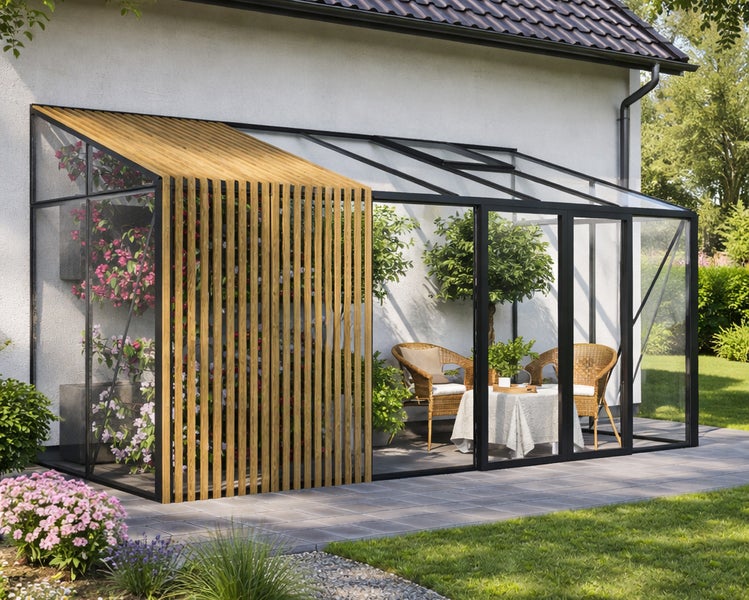 Moderner Anlehn-Wintergarten mit schwarzem Metallrahmen, Glaselementen und Holzlamellen an einer Hauswand auf einer gepflasterten Terrasse.
