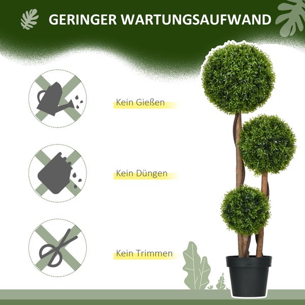 Künstlicher Buchsbaum mit drei grünen Kugeln im schwarzen Topf, wartungsfrei, kein Gießen, Düngen oder Trimmen erforderlich.