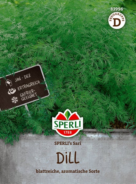 Samenpaket Dill Sari von Sperli für eine aromatische und blattreiche Ernte, geeignet für die ganzjährige Aussaat und zum Einfrieren.
