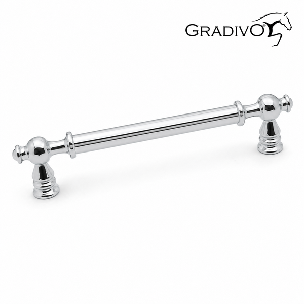 Klassischer Möbelgriff aus Metall mit glänzender Oberfläche und Gradivo Logo.
