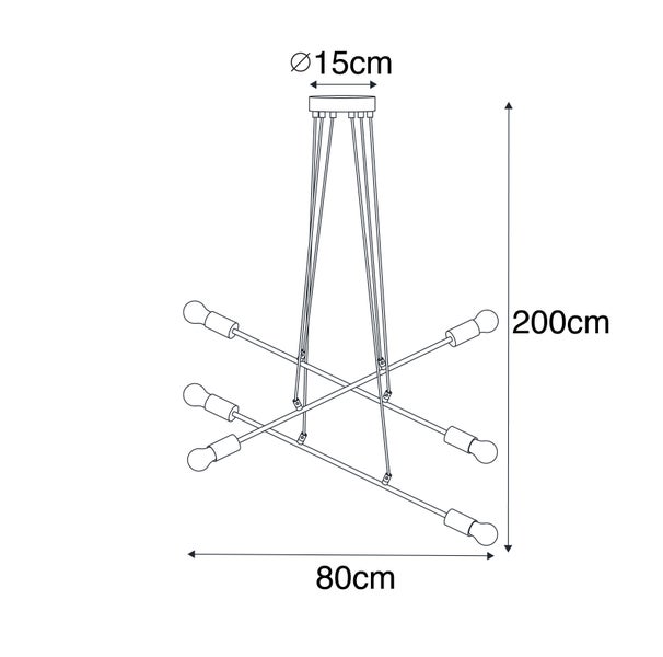 Technische Zeichnung einer Pendelleuchte mit sechs Leuchtmitteln und den Maßen 15 cm Durchmesser, 80 cm Breite und 200 cm Höhe.