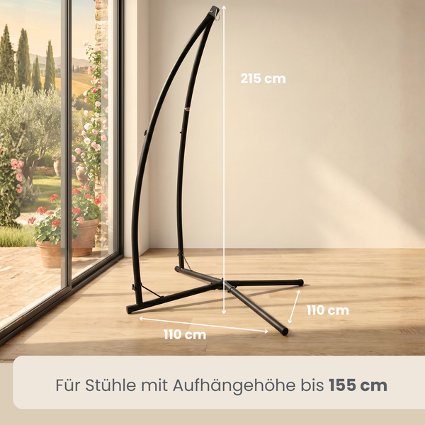 Hängesesselgestell aus Metall, Höhe 215 Zentimeter, Breite 110 Zentimeter, Tiefe 110 Zentimeter, für Aufhängehöhe bis 155 Zentimeter.