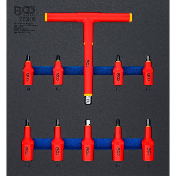 BGS Technic Steckschlüsselsatz 70216 mit T-Griff und isolierten Sechskant-Einsätzen H4 bis H10 in Werkzeugeinlage.