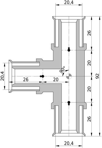 Technische Zeichnung eines T-Stücks mit Maßangaben. Gesamtlänge 92 Millimeter, Durchmesser 20,4 Millimeter, 90 Grad Winkel.