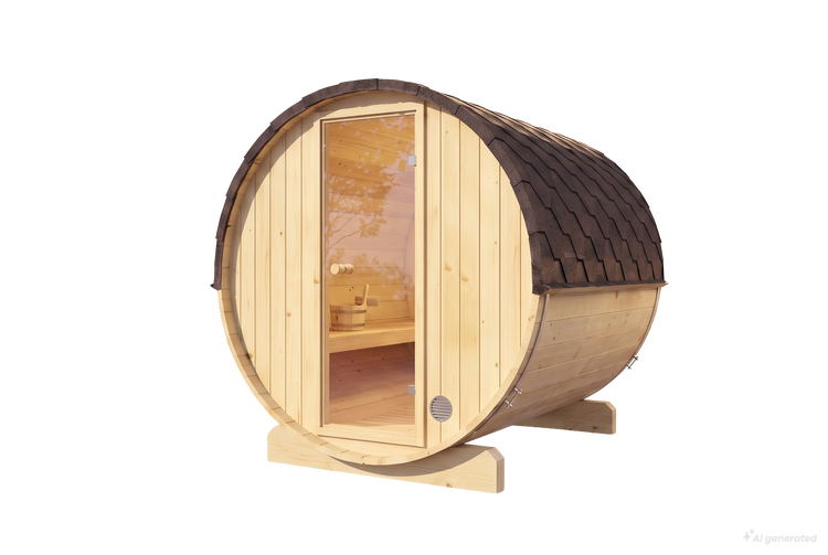Fasssauna aus Holz mit Glastür und Schindeldach zur Nutzung im Garten