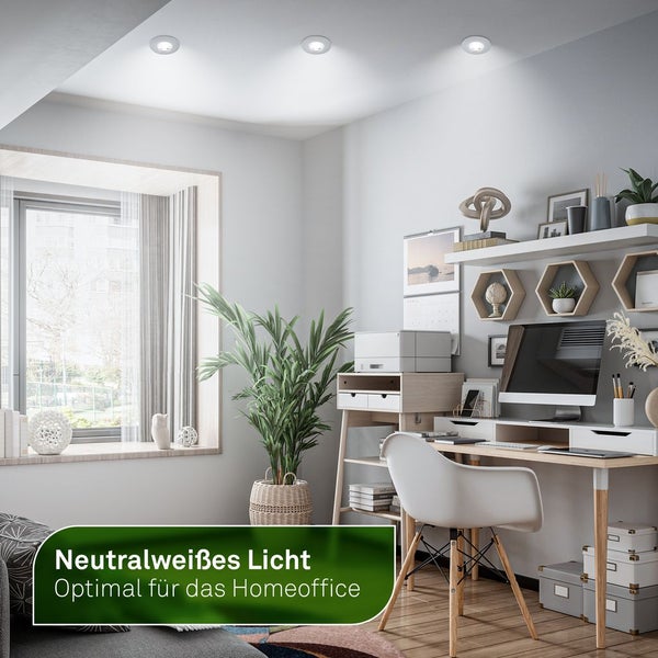 Helles Homeoffice mit Schreibtisch, Zimmerpflanze und neutralweißen Einbaustrahlern an der Decke für optimale Arbeitsbeleuchtung.