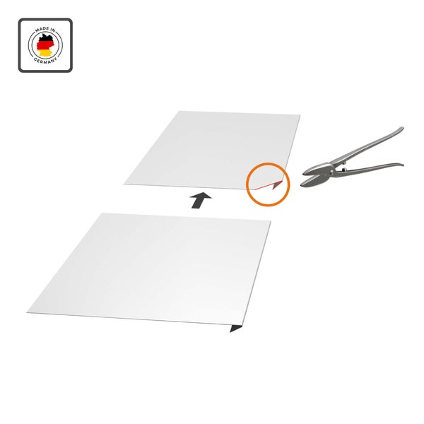 Illustration zum Zuschneiden eines Blechs mit einer Blechschere. Made in Germany Siegel.