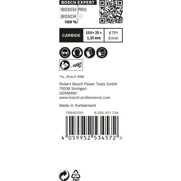 Nahaufnahme eines Bosch Säbelsägeblatts zum Schneiden von Metall mit der Aufschrift Swiss Made.