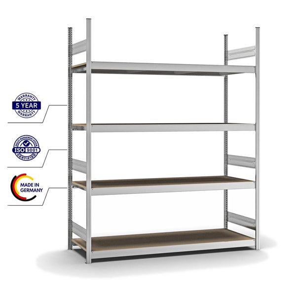 PROREGAL Weitspannregal Stecksystem T-Profil Grundregal HxBxT 250x200x60 cm 4 Ebenen Spanplatten Fachboden Fachlast 350 kg Verzinkt
