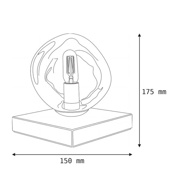 Maßskizze einer Tischleuchte mit quadratischem Sockel und rundem Schirm, Höhe 175 Millimeter, Breite 150 Millimeter.