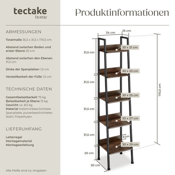 Leiterregal tectake Folkestone inklusive Kippschutz, 35,5 x 31,5 x 170,5 cm Industrial Style Industrial Holz dunkel, rustikal