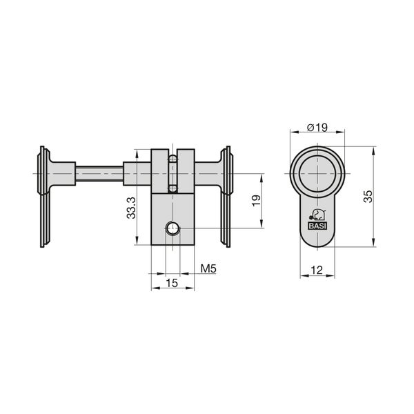 Technische Zeichnung eines Türriegels mit Maßangaben und BASI Logo