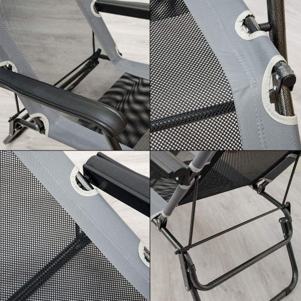 Detailansicht eines Relaxstuhls mit Stahlrahmen und Netzbespannung.