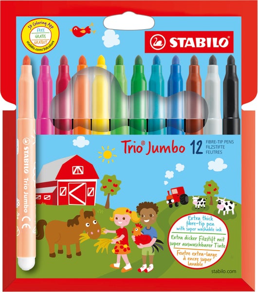 STABILO Jumbo Trio Stifte 12 St?ck 12 Filzstifte in Kartonetui, Gefederter Dreikant-Filzstift, Unkaputtbare Spitze mit auswaschbarer Tinte, Strichstärke: 3 mm, Mit ventilierter Kappe