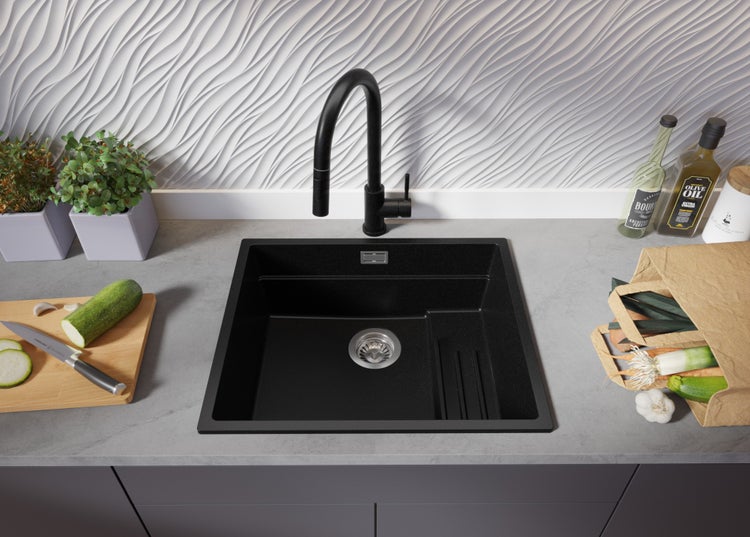 PRIMAGRAN Spülbecken Alles Schwarz 56x47cm, Granitspüle 1 Becken + Ablauf-Set + Aufrollbare Abtropffläche, Küchenspüle ab 60er Unterschrank - Praga Slim