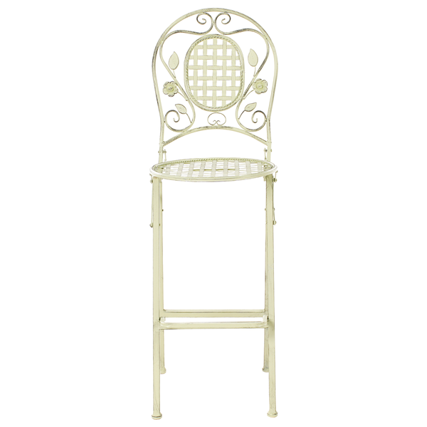 Nostalgischer Barhocker aus Metall in Creme mit verzierter Rückenlehne und Gitter-Sitzfläche.