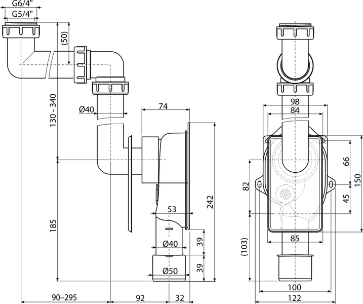 Technische Zeichnung eines Siphons mit Maßangaben in Millimetern, die Seiten- und Vorderansicht der Ablaufgarnitur zeigt.
