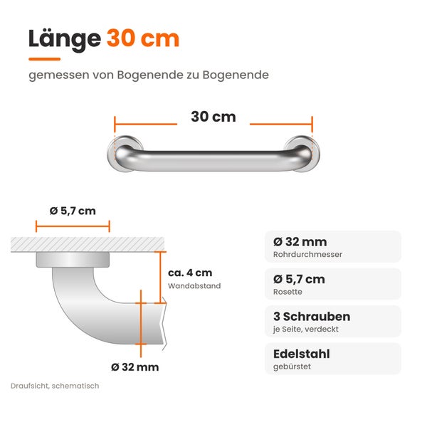 Maßzeichnung eines gebürsteten Edelstahl Haltegriffs mit 30 Zentimeter Länge, 32 Millimeter Rohrdurchmesser und 4 Zentimeter Wandabstand.