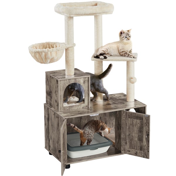 Katzenkratzbaum mit Katzenhaus und Katzentoilette in einem hellen Raum mit Katzen