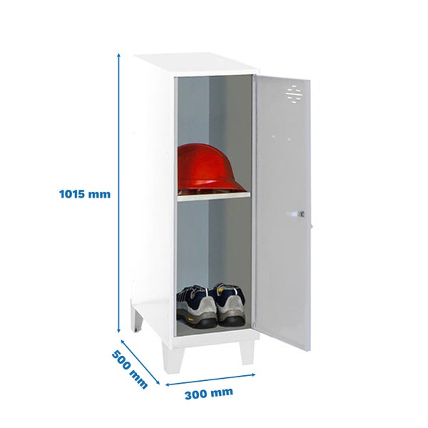 Weißer Garderobenschrank mit offener Tür, mit Helm und Schuhen