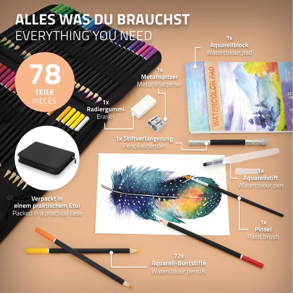 ECD Germany 78er Aquarell Buntstifte Set für Kinder und Erwachsene, Leuchtende Pigmente, Professionelles Zeichnen Art Set, Wasserlösliche Farbstifte zum Vermischen, Zeichnen & Malen, mit Aquarellblock