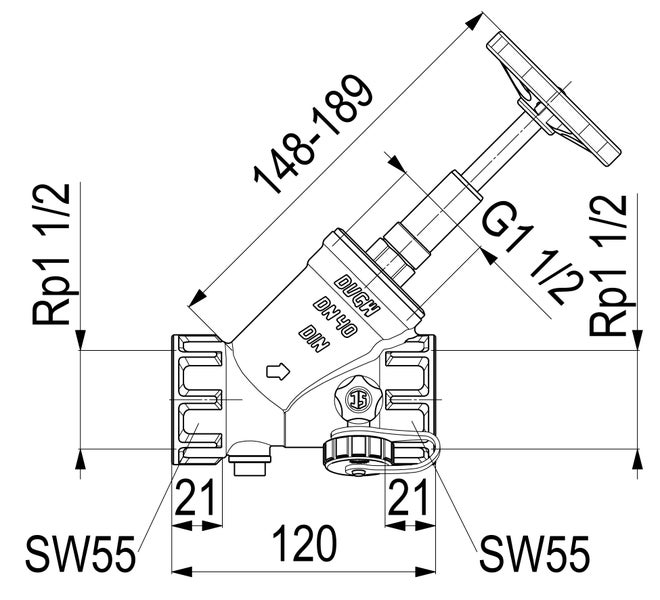 Technische Zeichnung eines Schrägsitzventils mit Maßangaben, Nennweite 40, Gewinde 1 1/2 Zoll und Schlüsselweite 55.